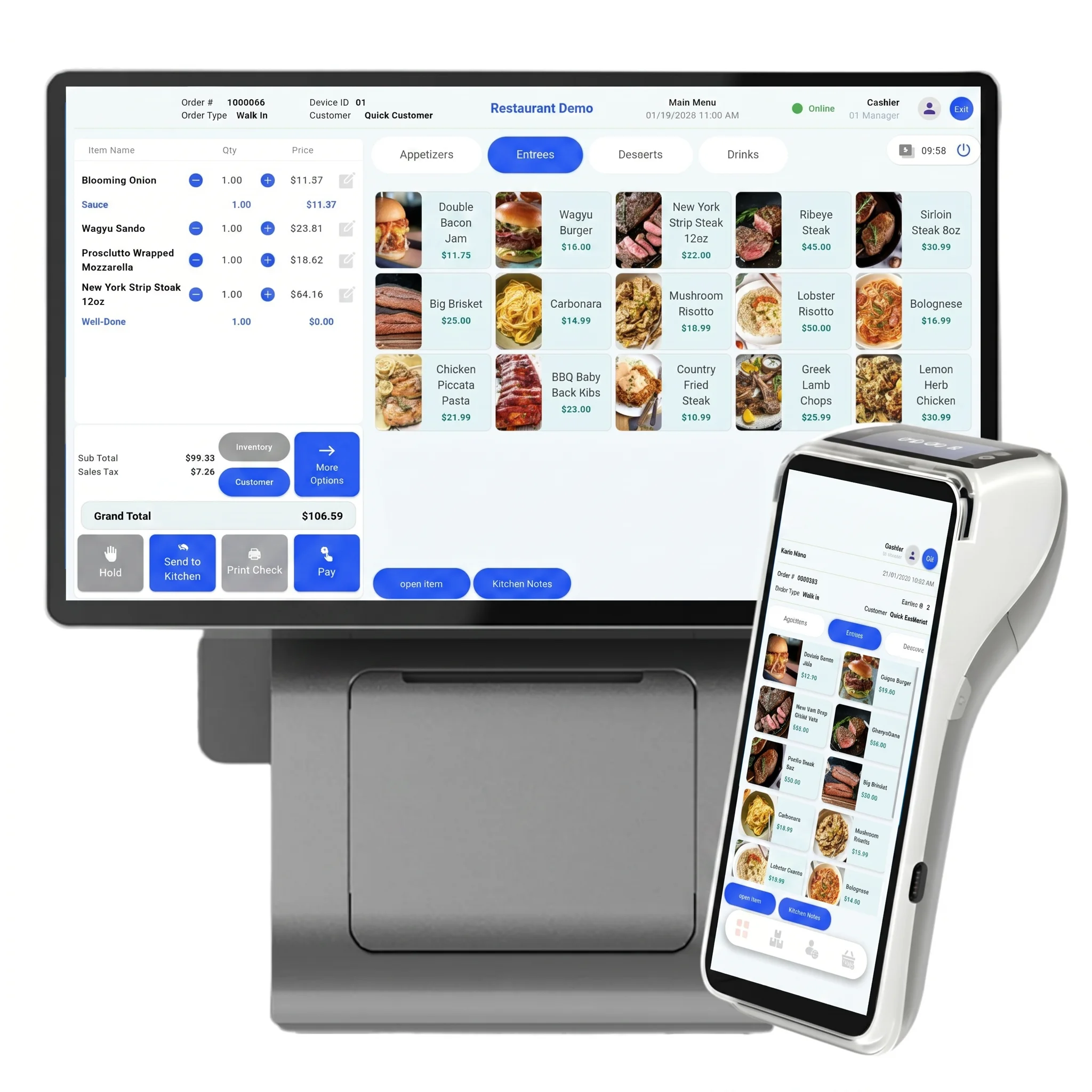 The Partnr POS — countertop terminal with live menu screen, integrated printer base, and handheld device