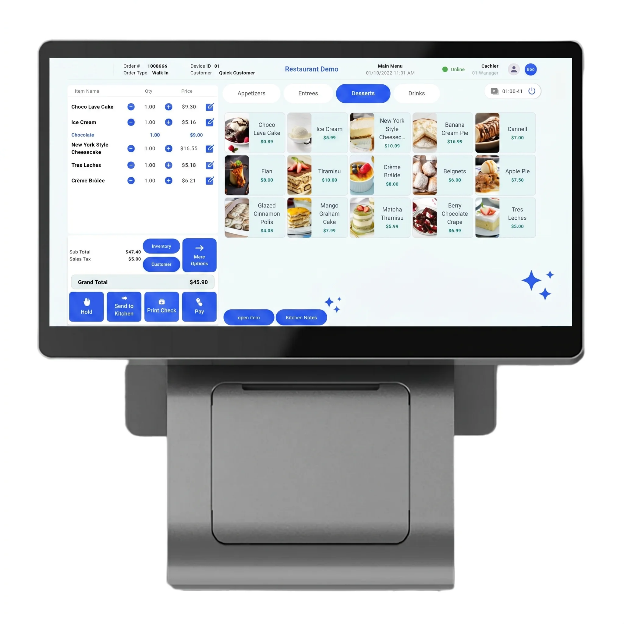 The Partnr restaurant POS with a live dessert-menu order and integrated printer