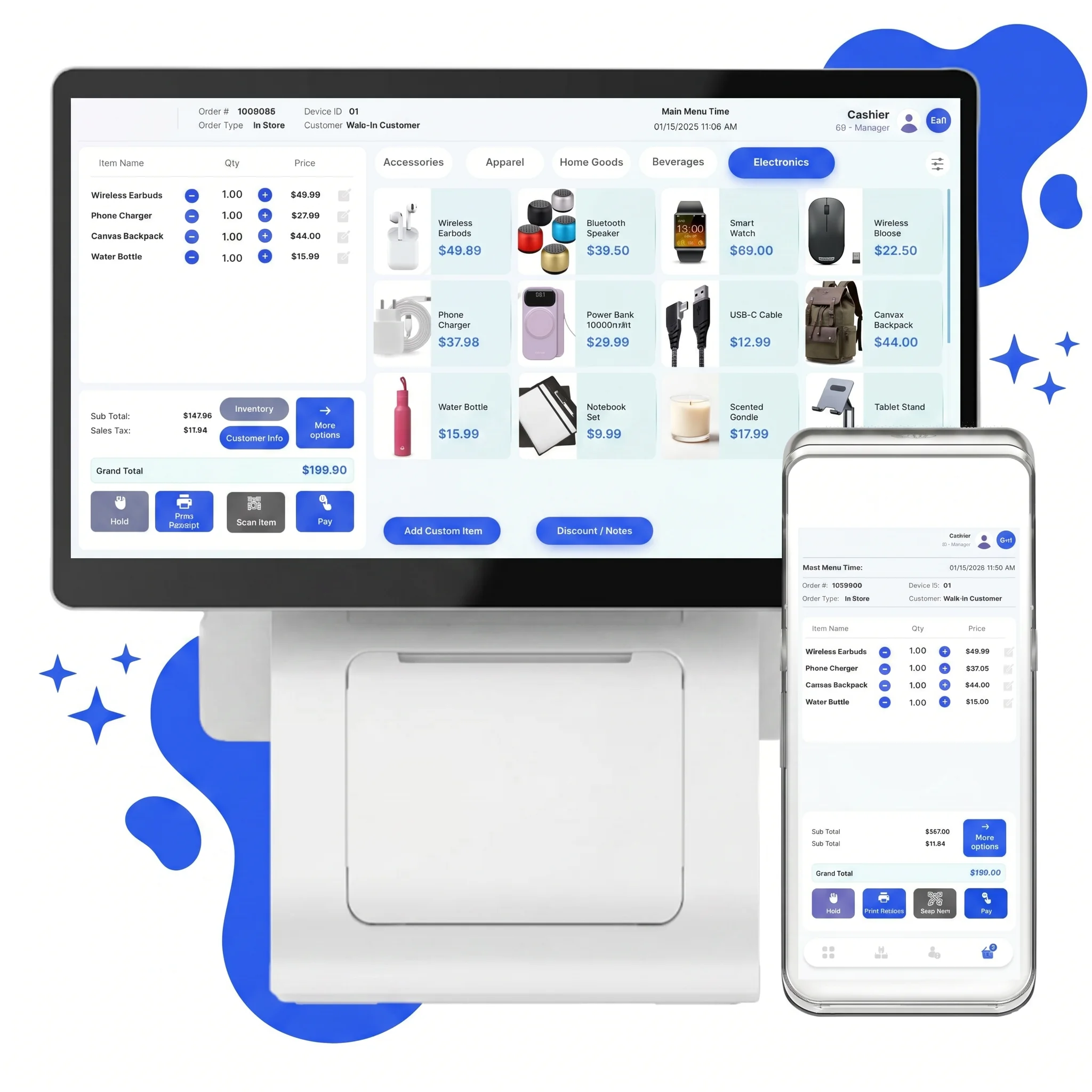 The Partnr retail POS — full countertop unit with checkout screen, integrated printer base, and handheld companion