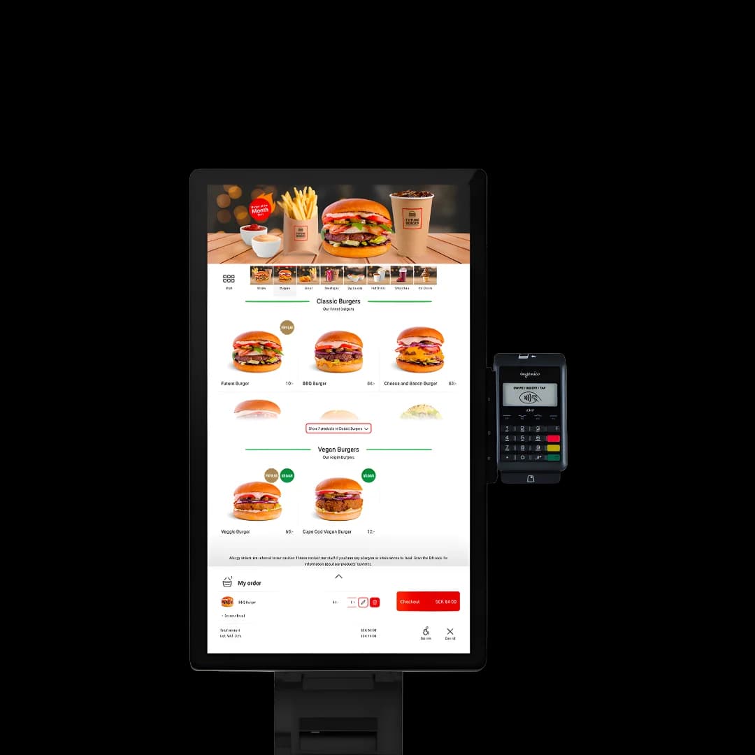 The Partnr self-ordering kiosk with menu screen and integrated card reader