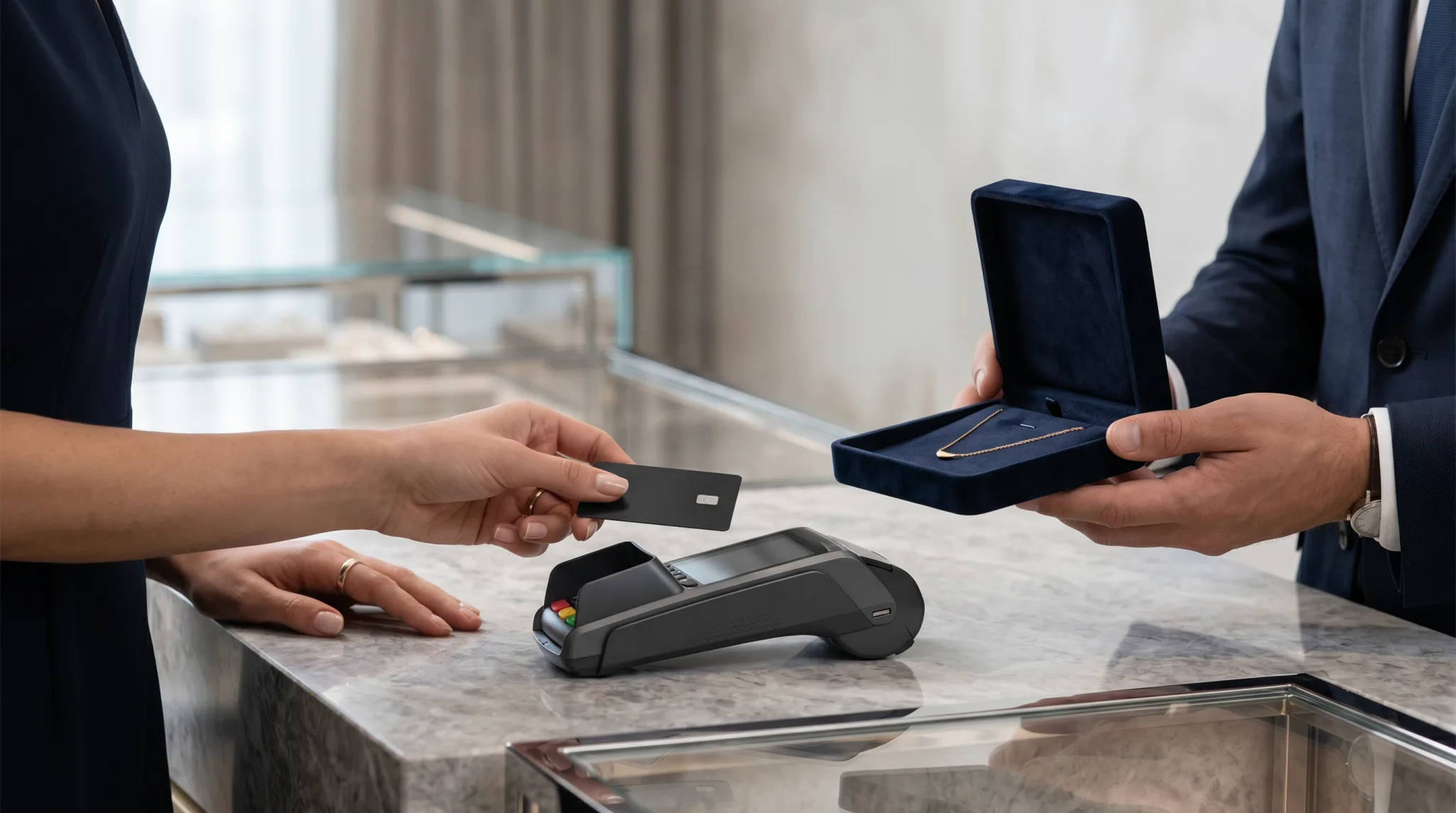 A customer handing a card across a boutique counter at checkout