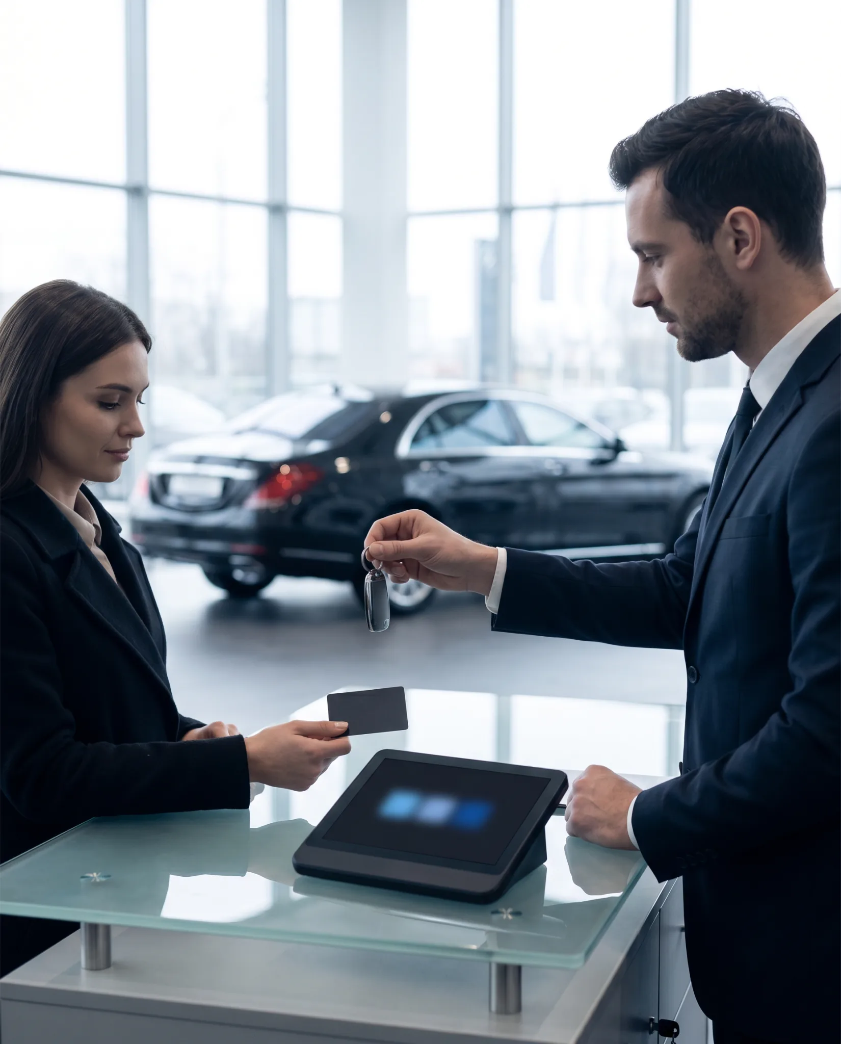 A dealership handing keys to a customer with a payment terminal on the desk