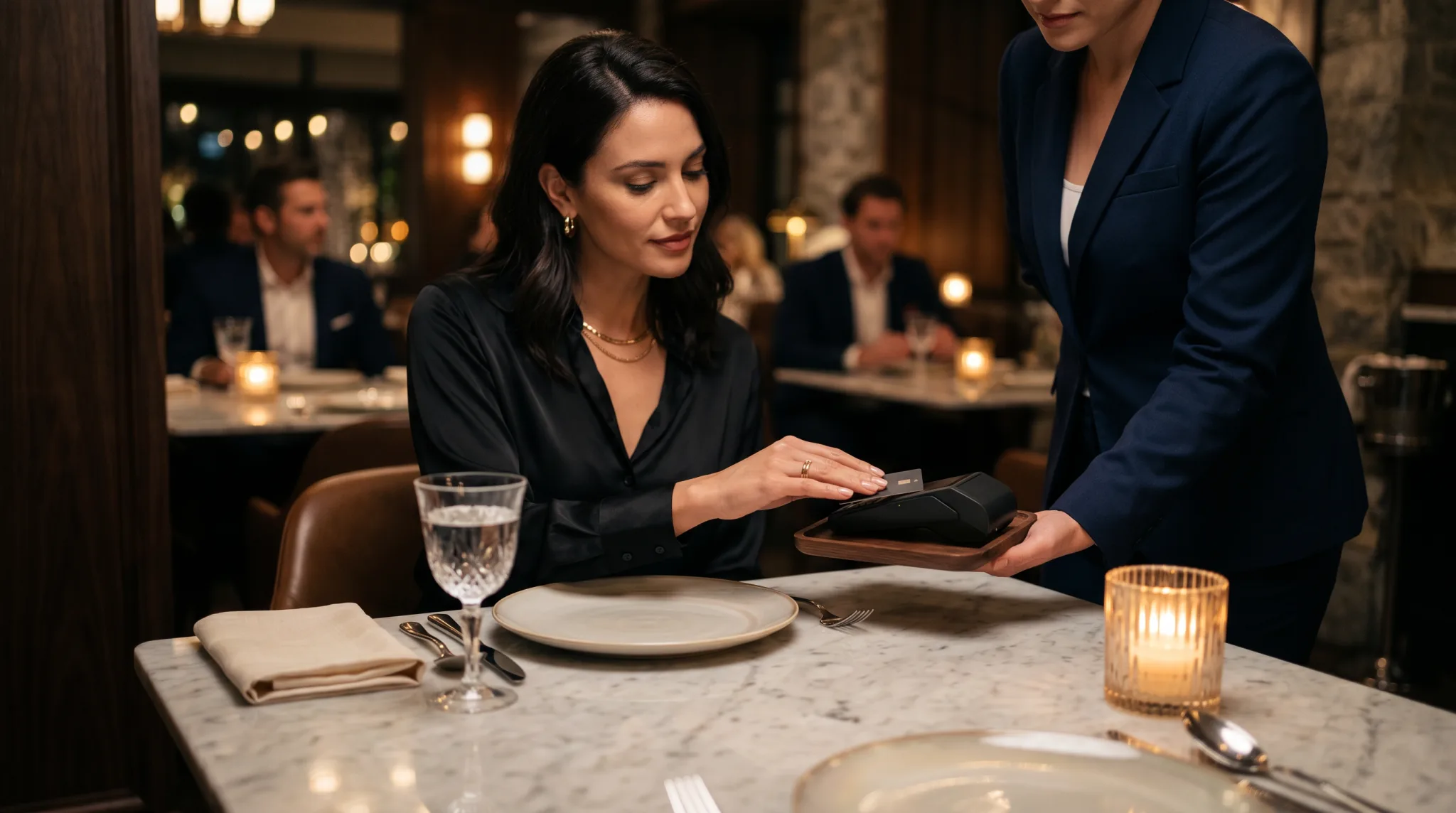 A server taking a card payment tableside in an upscale restaurant