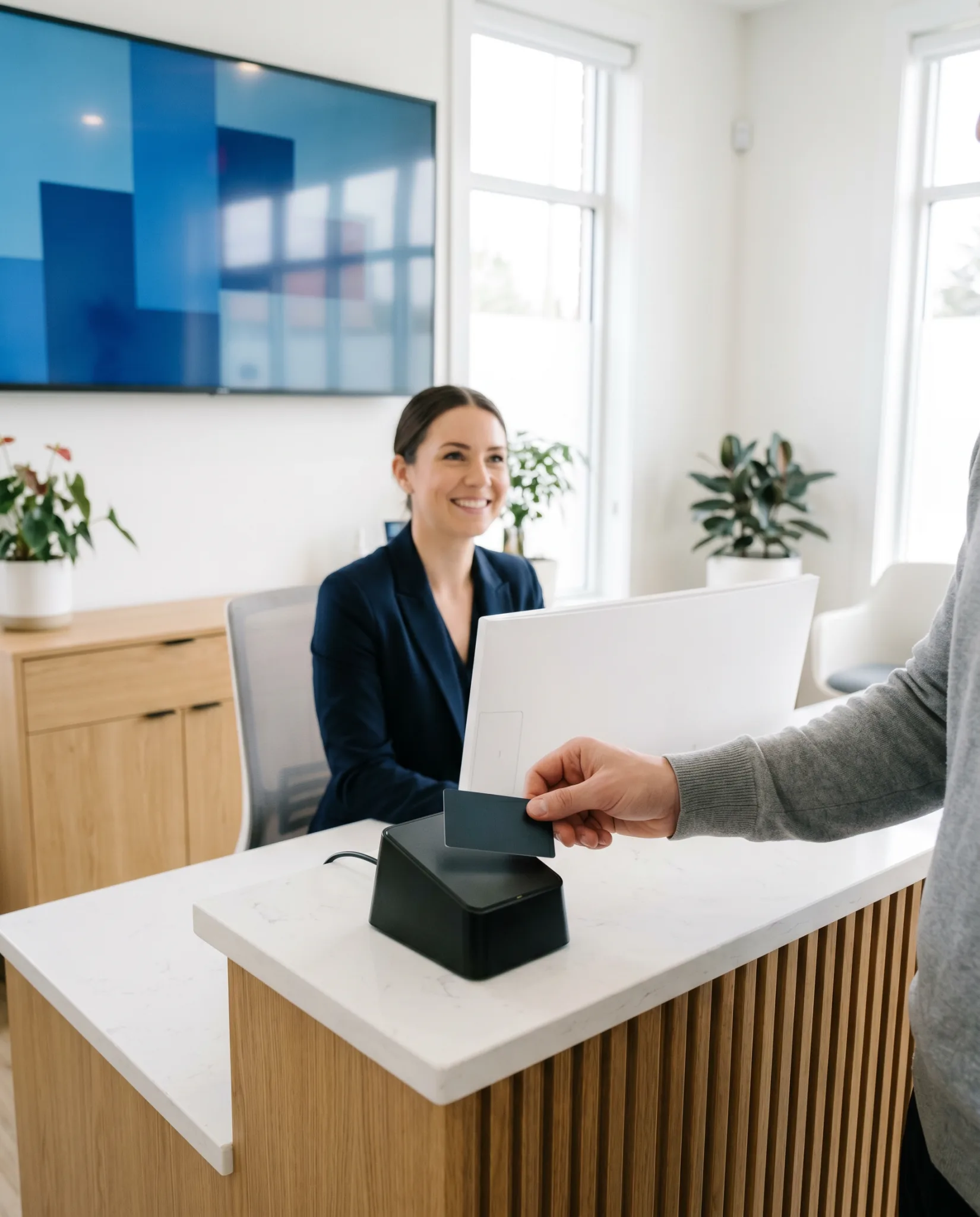 A patient tapping a card at a modern medical practice front desk